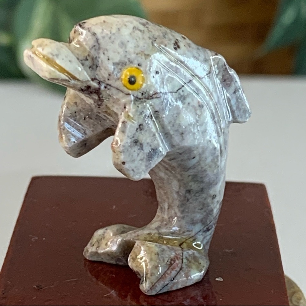 Miniature DOLPHIN Stone Carving Mini Figurine Grey Steatite Soapstone Animal 1.5